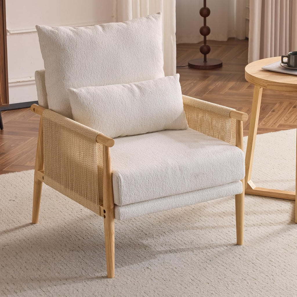 Karl home Cozy Chenille Accent Chair with Lumbar Pillow & Rattan Arms Modern Lounge Chair for Living Room, Bedroom, Reading Nook, Beige