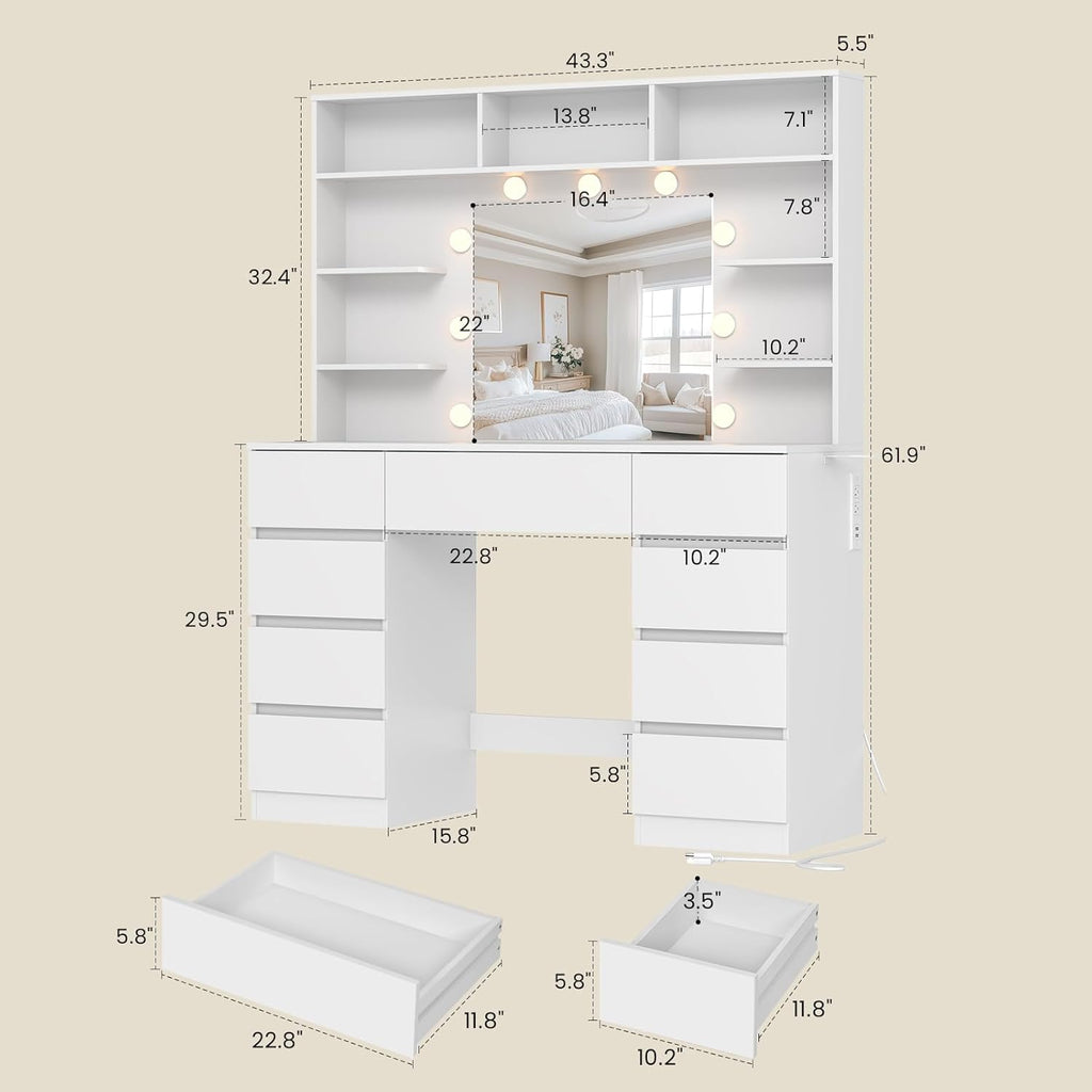 Vanity Desk with Mirror and Lights,43" Makeup Vanity Table with 9 Drawers and 7 Storage Shelves, Power Outlet & Adjustable LED Lights, Dressing Table for Bedroom .White
