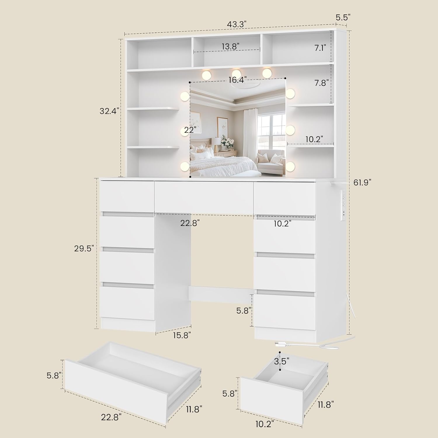 Vanity Desk with Mirror and Lights,43" Makeup Vanity Table with 9 Drawers and 7 Storage Shelves, Power Outlet & Adjustable LED Lights, Dressing Table for Bedroom .White