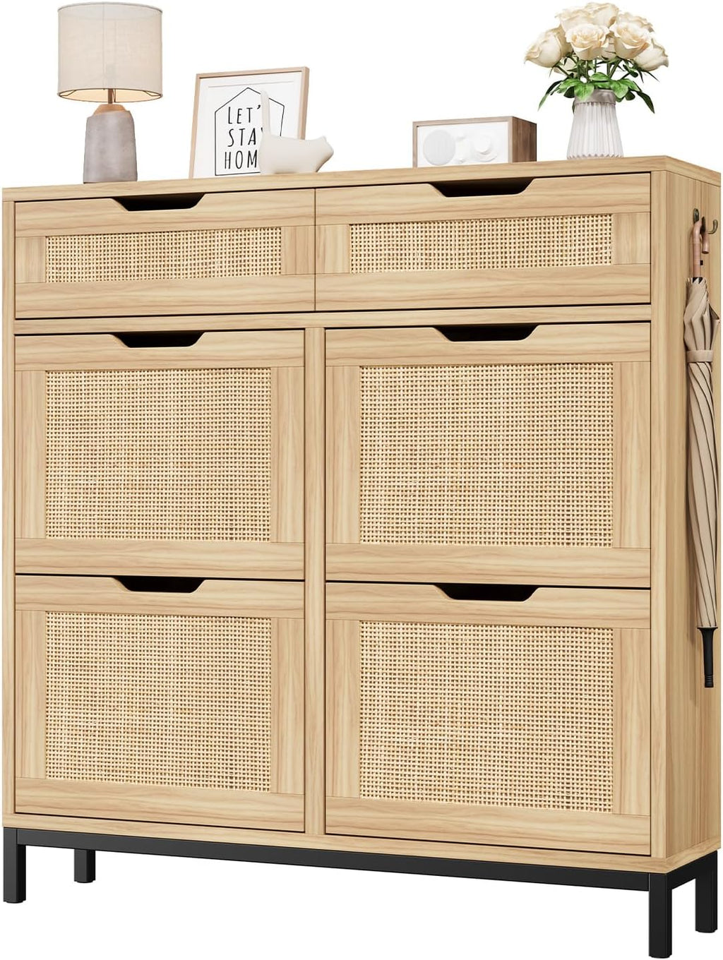 Rattan Shoe Cabinet with Flip Drawers, Narrow Freestanding Shoe Storage Cabinet with Metal Legs for Entryway/Hallway/Foyer (Natural)