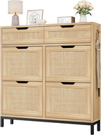 Rattan Shoe Cabinet with Flip Drawers, Narrow Freestanding Shoe Storage Cabinet with Metal Legs for Entryway/Hallway/Foyer (Natural)