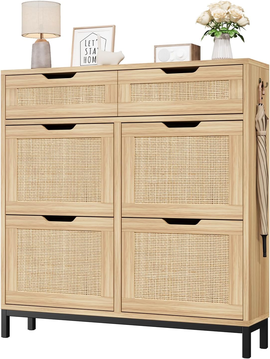 Rattan Shoe Cabinet with Flip Drawers, Narrow Freestanding Shoe Storage Cabinet with Metal Legs for Entryway/Hallway/Foyer (Natural)