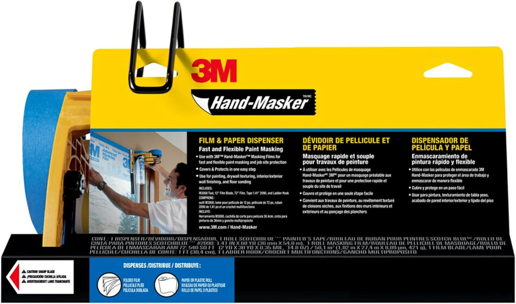 3M Hand-Masker M3000 Tool Painter's Tape and Masking Film Dispenser Kit, 3M Hand Masker Protects Surfaces from Paint Splatters, Includes 12-Inch Blade, Painter's Tape and Masking Film, 1 Kit