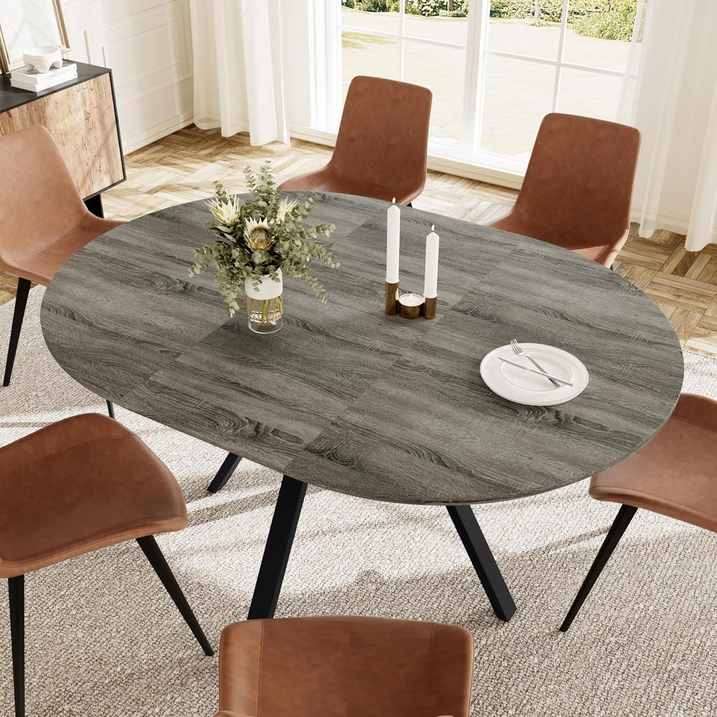 Extendable Round Dining Table Set for 6 People, 43.3"-59.1" Extendable Kitchen Table with 6 Upholstered Chairs, Space Saving for Kitchen Dining Room (Grey Table+6 Brown Chairs)