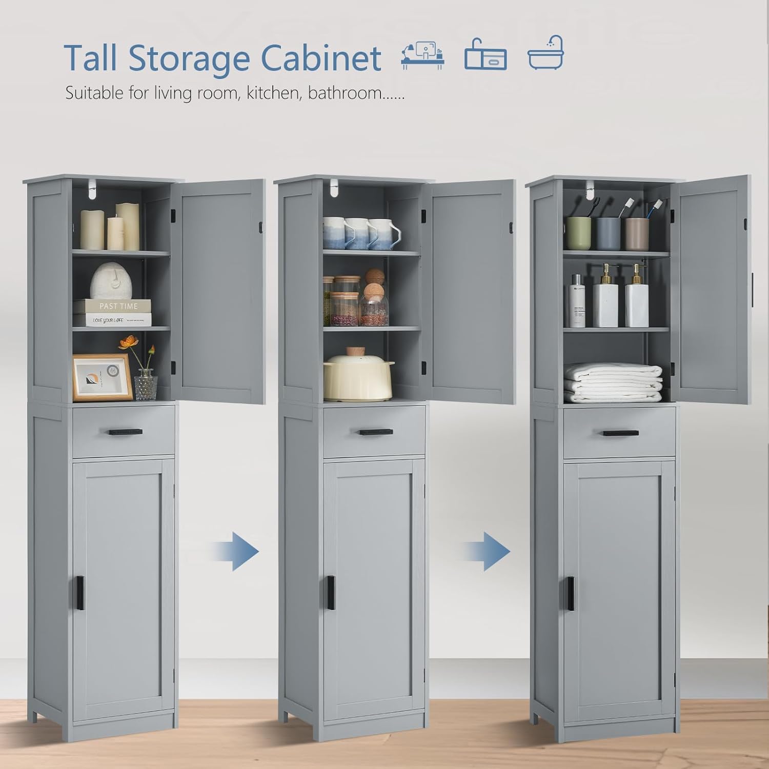 usikey 67“ Tall Bathroom Cabinet, Storage Cabinet with 4 Shelves & 2 Doors, Narrow Storage Cabinet for Bathroom, Living Room, Home Office, Greige UNSNG040G