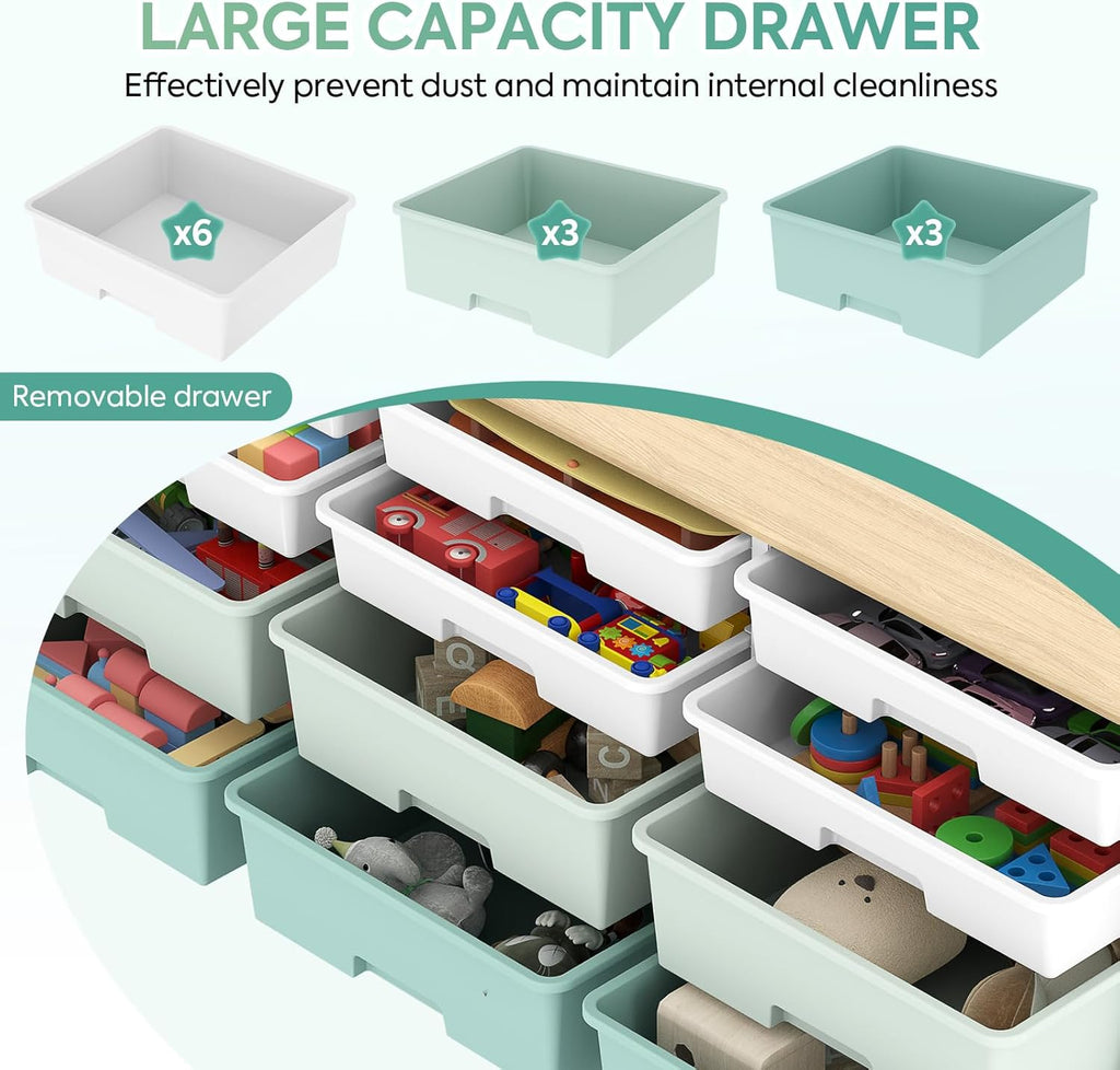 12 Drawers Storage Cabinet with Wooden Top and Plastic Bins, Toy Storage Organizer Toy Shelf Storage Chest Cubby Organizer for Home, Office, Playroom, Classroom & Craft Room Storage (Green)