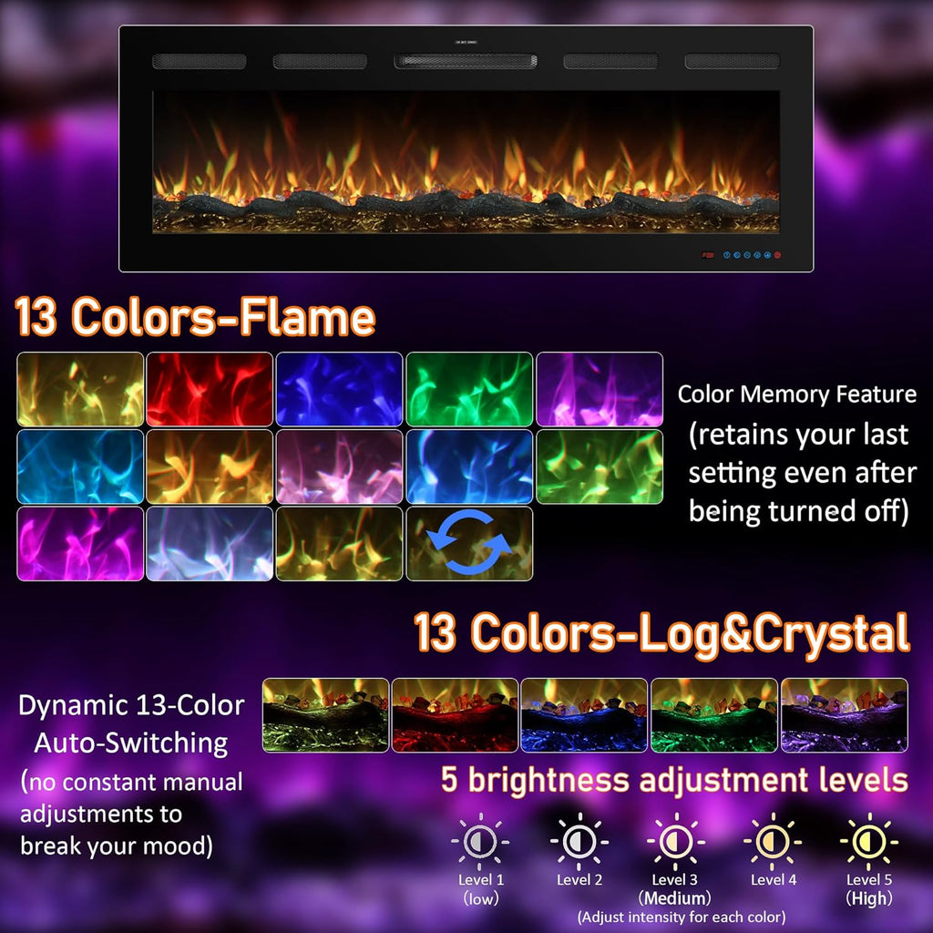 72 Inch WiFi Electric Fireplace Heater with Sound, Wall Mounted, Recessed or Free‑Standing, 750/1500W, 13 Flame & Fuel Bed Colors, Dimmable, Remote & App Control, Alexa & Google Home