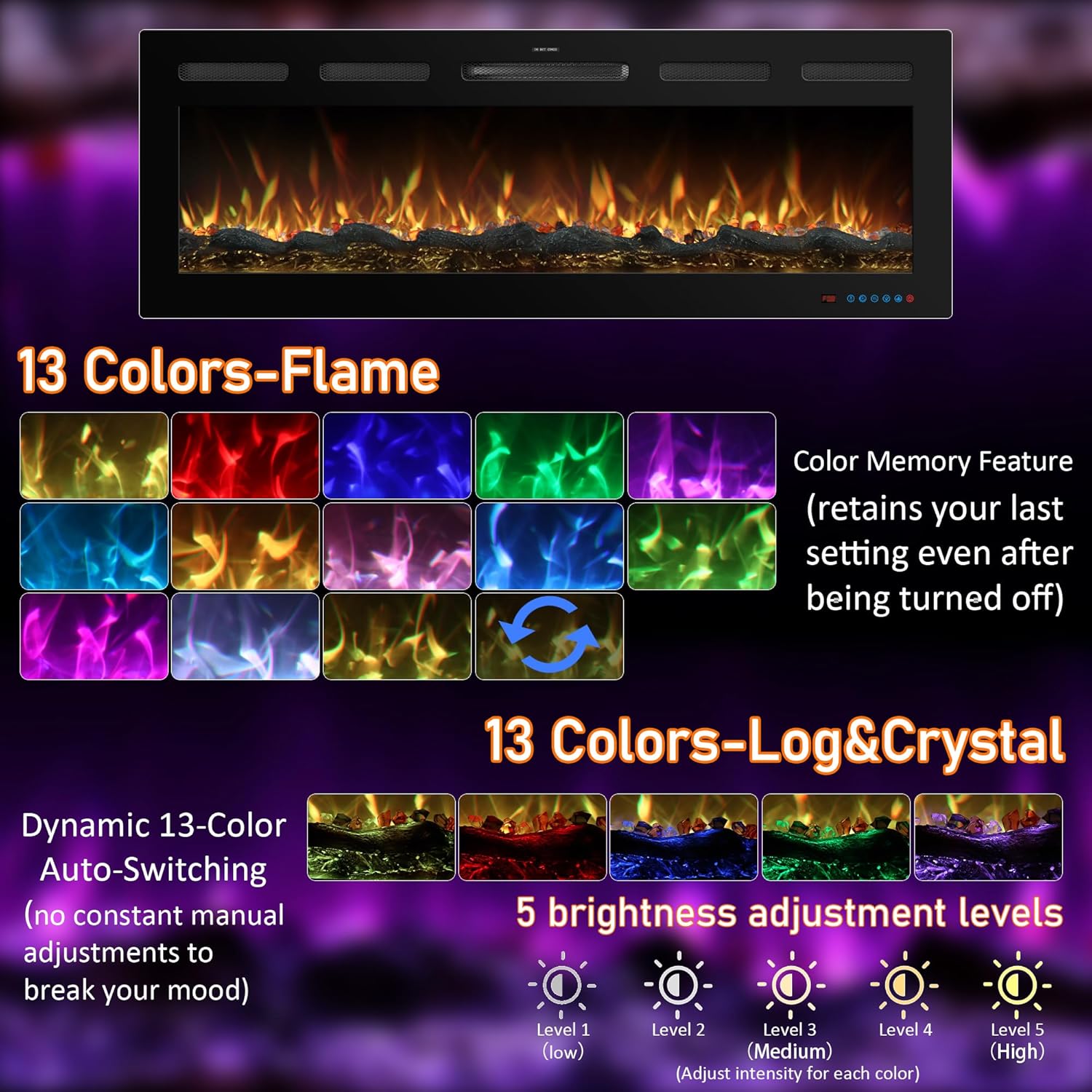 50 Inch WiFi Electric Fireplace Heater with Sound, Wall Mounted, Recessed or Free‑Standing, 750/1500W, 13 Flame & Fuel Bed Colors, Dimmable, Remote & App Control, Alexa & Google Home