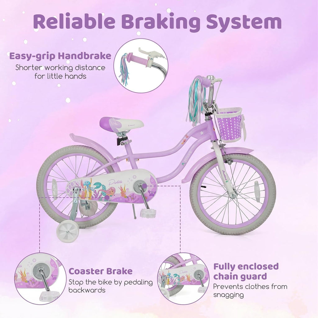 BABY JOY Kids Bike, 12" 14" 16" 18" Mermaid Girls Bike for 3-8 Years Old w/Basket, Training Wheels, Hand & Coaster Brakes, Adjustable Seat & Handlebar, 20" Children Bicycle with Kickstand for 8+
