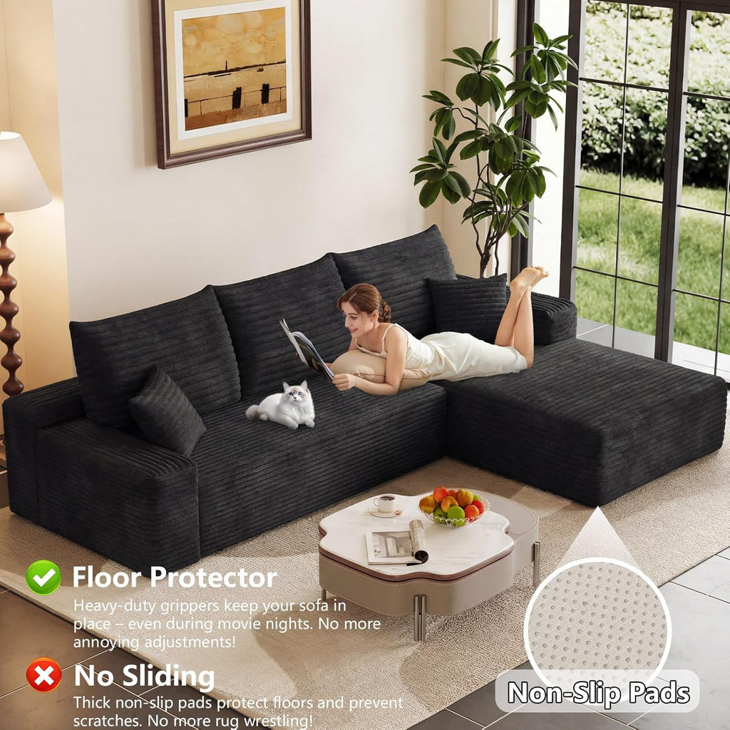 Modular Sectional Sofa Cloud Sectional Couch, 95" Comfy Fluffy L-Shaped Couches for Living Room, Deep Seat Memory Foam Plush Corduroy Boneless Couch Sectionals No Assembly (Black,Right-Facing Chaise)