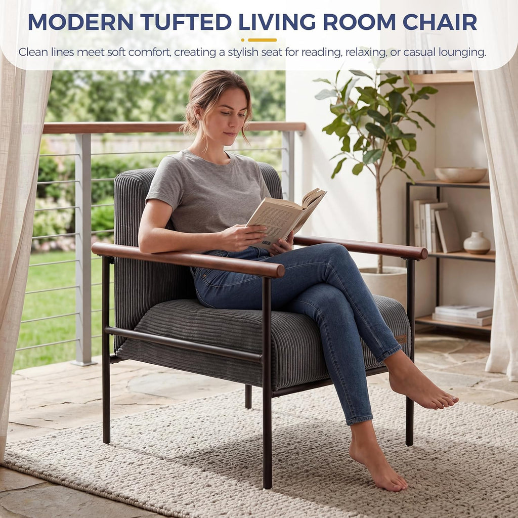 MAXYOYO Living Room Accent Chair, Modern Chair with Sturdy Metal Frame & Wood Armrests, Upholstered Reading Chair with Upholstered Cushion for Bedroom Balcony Porch, Dark Grey