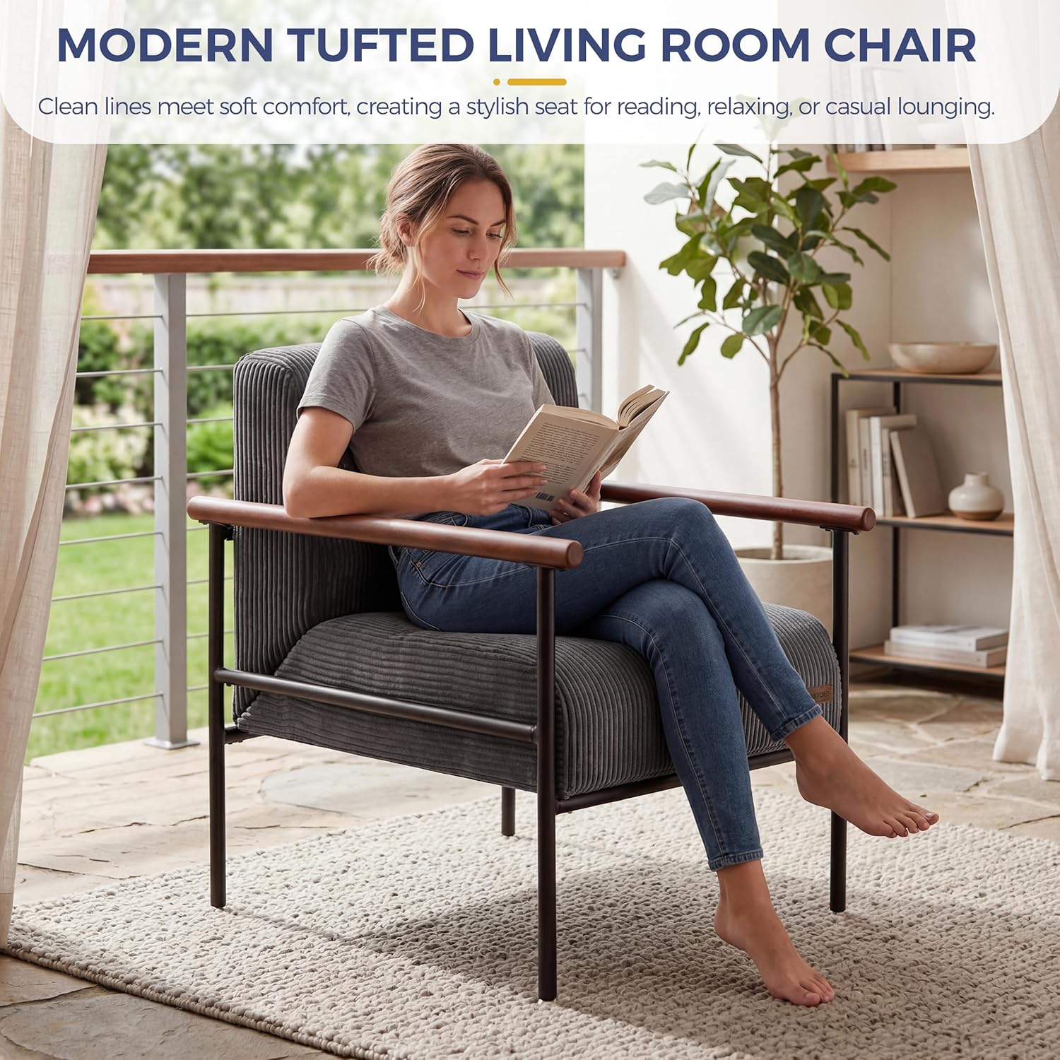 MAXYOYO Living Room Accent Chair, Modern Chair with Sturdy Metal Frame & Wood Armrests, Upholstered Reading Chair with Upholstered Cushion for Bedroom Balcony Porch, Dark Grey
