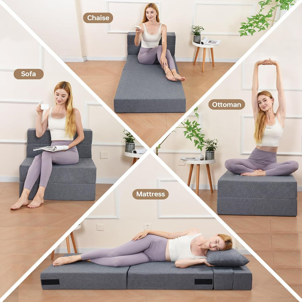 Fvkind Folding Sofa Bed, Convertible Futon Sofa Bed with Pillow, Fold Out Couch with Washable Cover, Foldable Sleeper Chair for Living Room, Dorm, Guest Room, Single Size, Light Grey