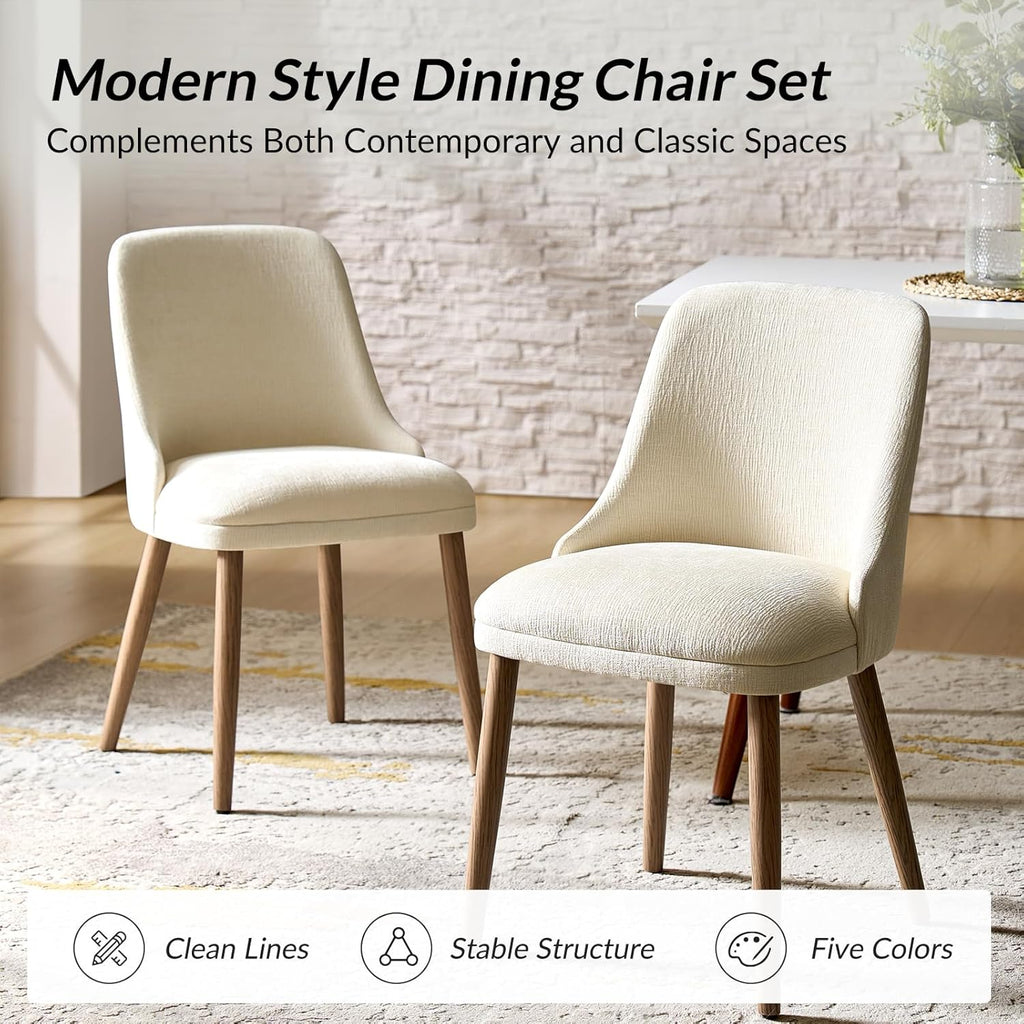 HULALA HOME Dining Chairs Set of 6, Ivory Fabric Upholstered Dining Room Chairs Set with Solid Wood Legs, Paded Back, Modern Kitchen Accent Chairs for Living Room Bedroom Reception