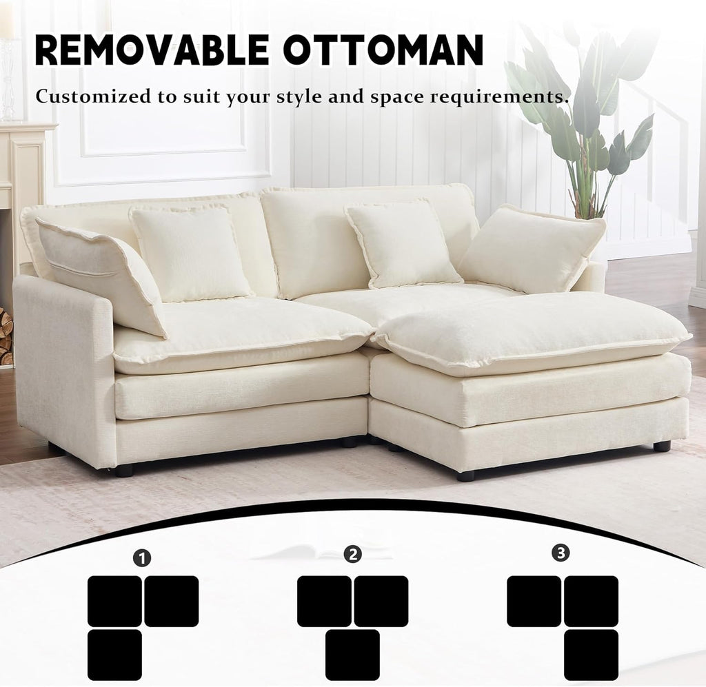 GNIXUU 76.7" Beige L Shaped Comfy Chenille Modular Cloud Sofa, Modern 2 Seater Couch with Movable Ottoman, Deep Seat Sofa with 4 Pillows for Living Room Apartment Small Places