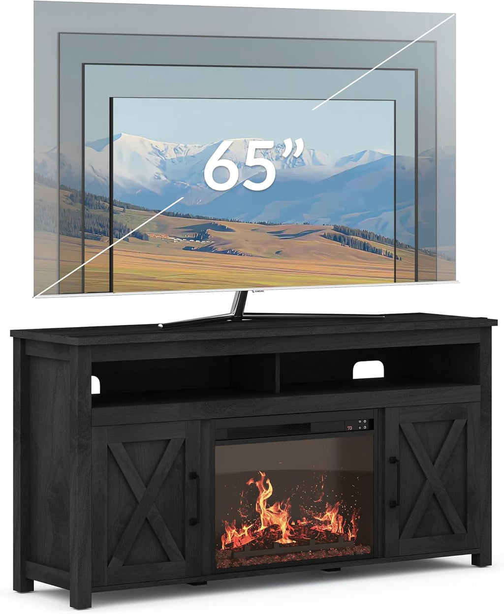 BELLEZE 58" Farmhouse Fireplace TV Stand for TVs up to 65", 23" Electric Fireplace Heater with Sound, Entertainment Center Media Console Table Barn Door Storage Cabinets for Living Room - Rustic Grey