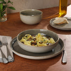 Gibson Elite Sunveil 16 Piece (Service for 4) Plates and Bowls Reactive Glaze Round Dishes Stoneware Ceramic Dinnerware Set - Light Taupe
