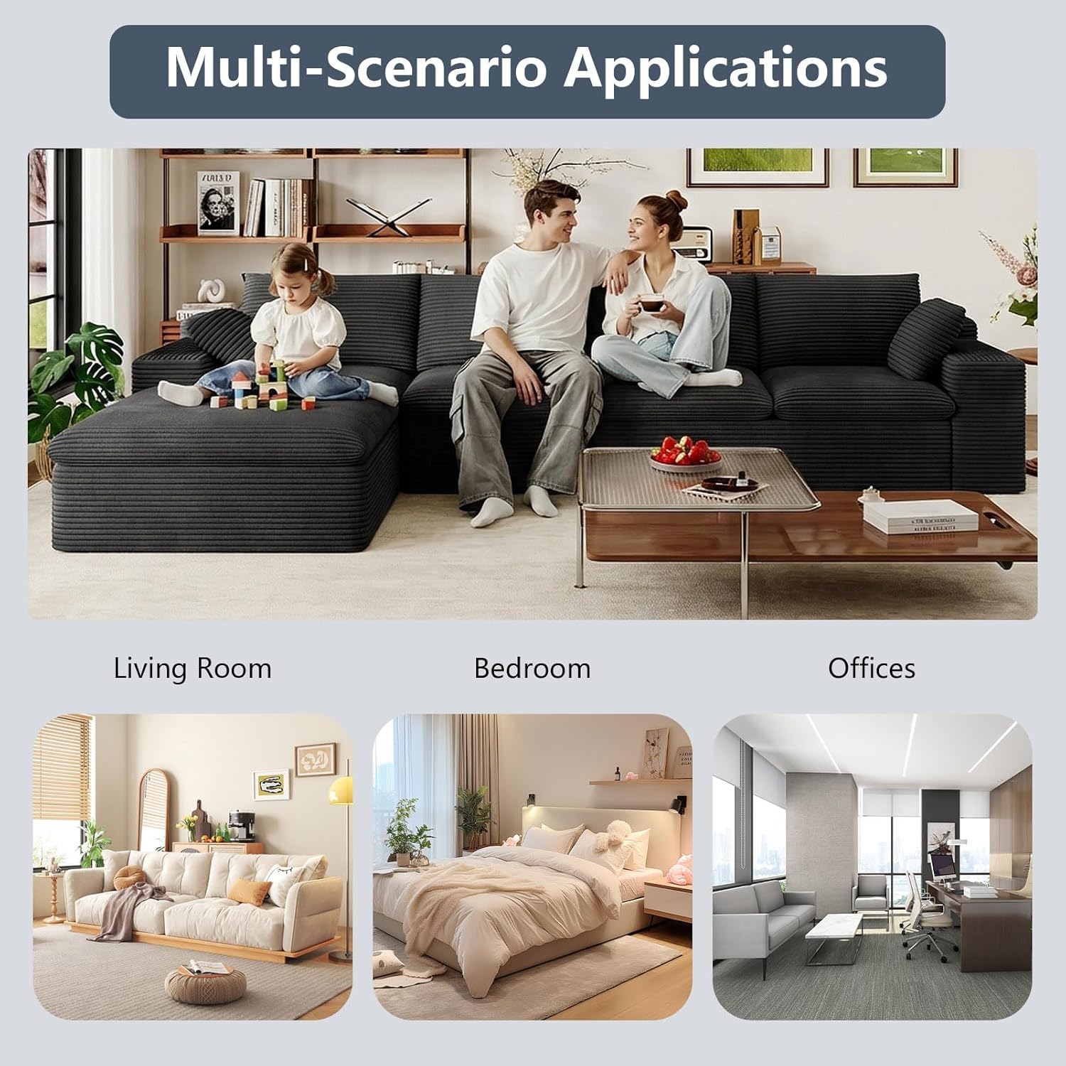 136" Cloud Modular Sectional Couch with L-Shaped Chaise,Corduroy Boneless Sofa,Memory Foam Couches in a Box with Deep Seat for Living Room,No Assembly Required (Black,Left-Facing Chaise)