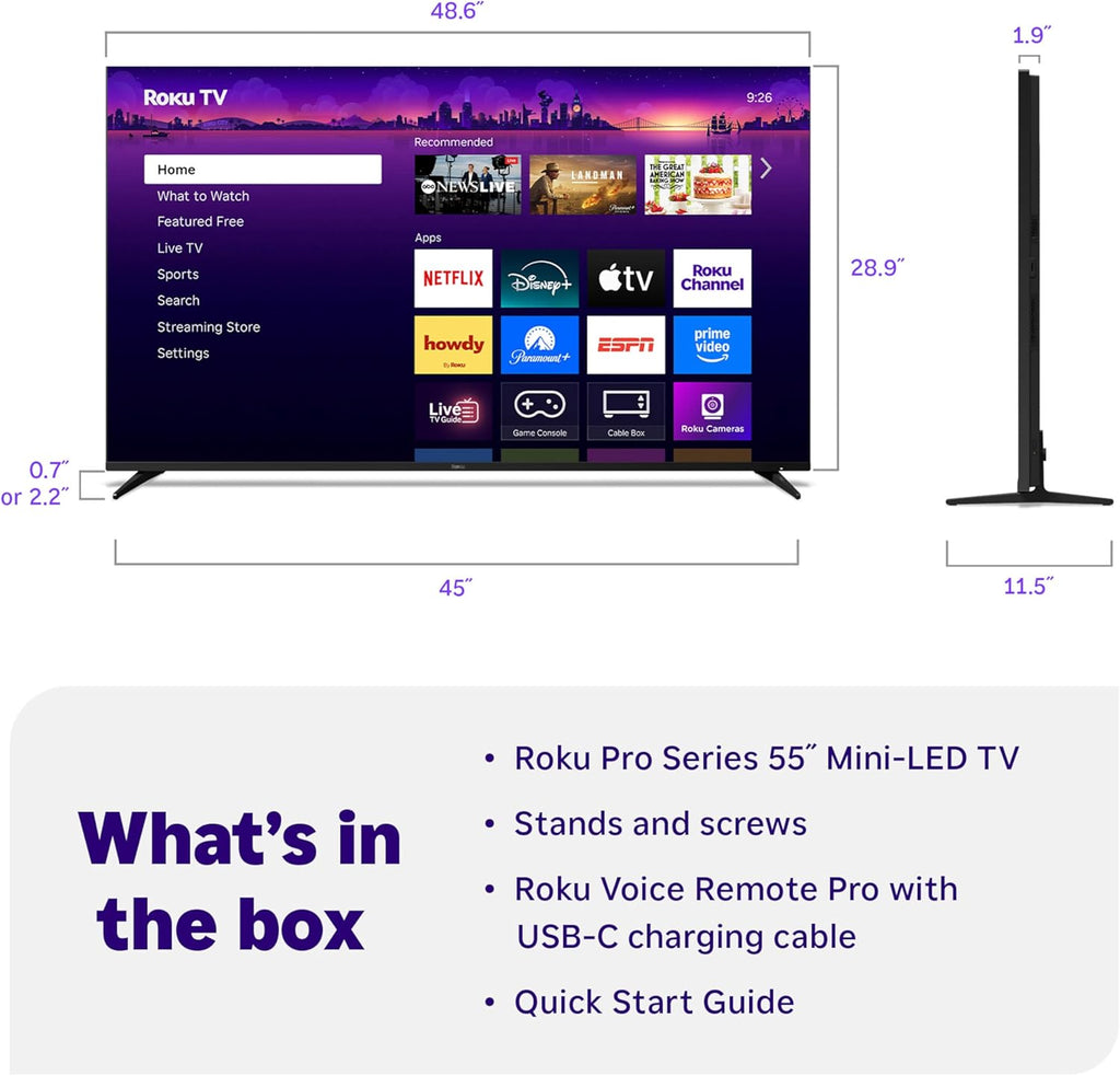 Roku Smart TV – 55-Inch Pro Series  Mini-LED TV – RokuTV with Backlit Voice Remote Pro – Flat Screen 4K QLED Television with 120Hz Refresh Rate & Dolby Vision IQ  Live News  Sports  Entertainment
