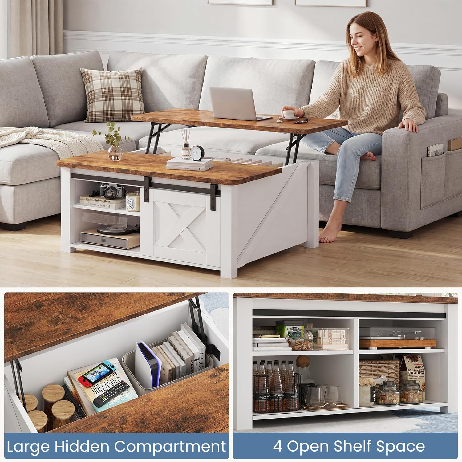DUMOS Coffee Table, Lift Top Center Table with Storage, Square Living Room Tables with Adjustable Shelves, Wooden Center Coffee Table with Hidden Storage Compartment, White