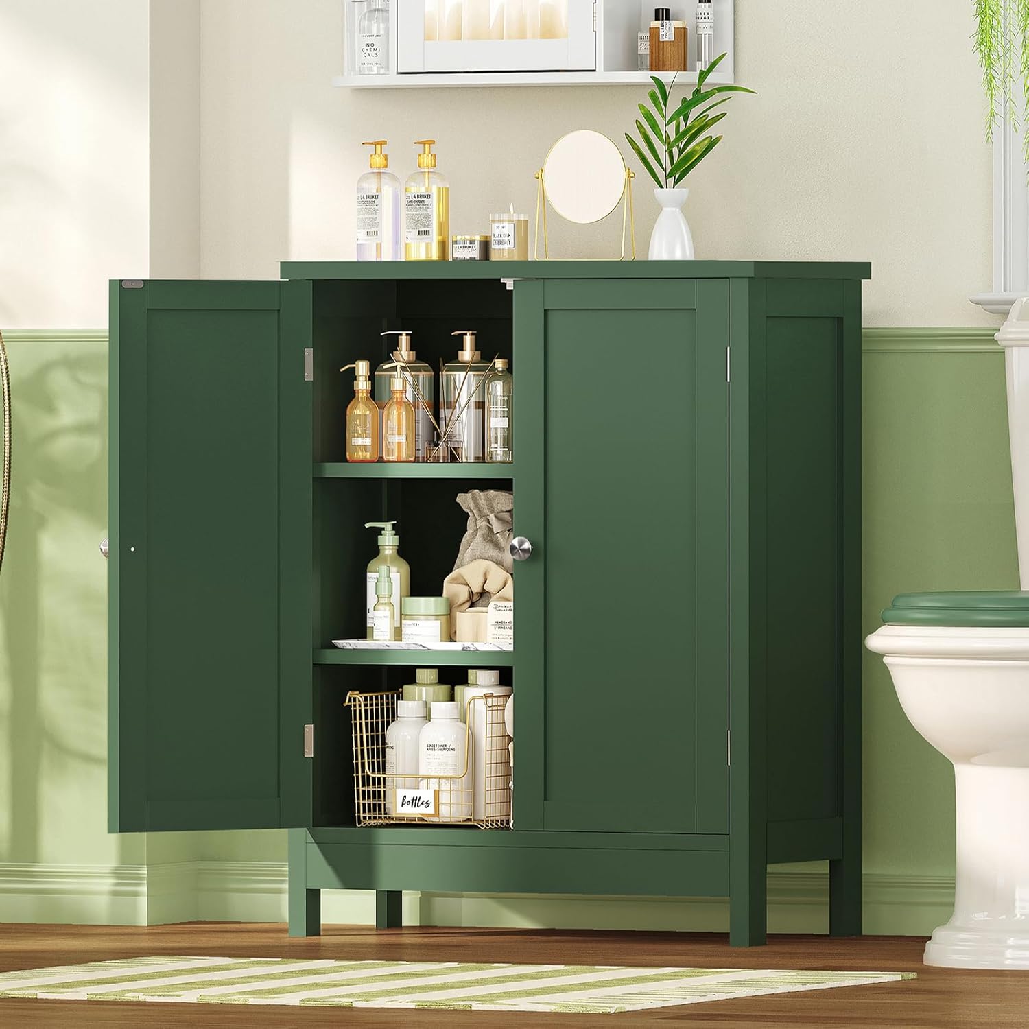 Iwell Bathroom Cabinet, Bathroom Storage Cabinet with 2 Doors & 3 Shelves, 3 Heights Available, for Living Room, Entryway, Home Office, Green