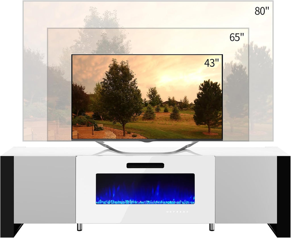 VanAcc 70" Fireplace TV Stand with 36" Electric Fireplace, High Gloss Entertainment Center with LED Lights, Modern Entertainment Stand for TVs up to 80", White