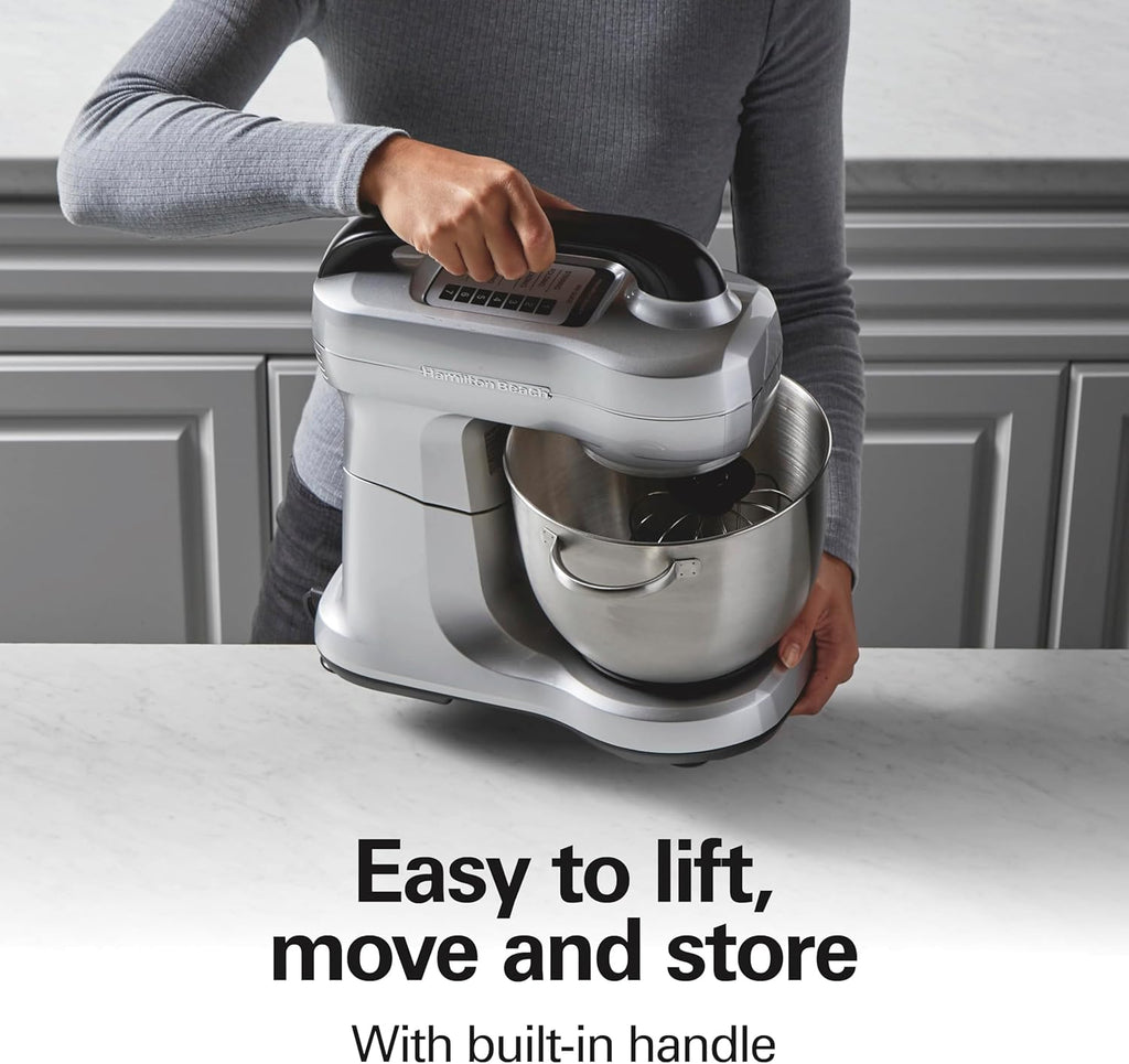 Hamilton Beach Electric Stand Mixer, 4 Quarts, Dough Hook, Flat Beater Attachments, Splash Guard, 7 Speeds with Whisk, Easy-Carry Top Handle, Silver