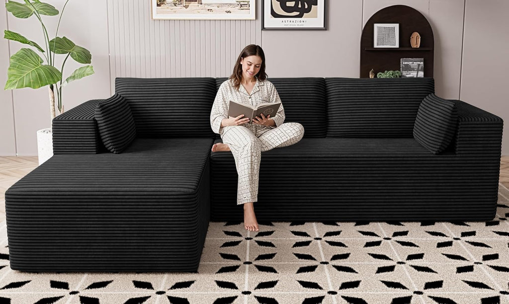 106" Cloud Sectional Boneless Couches for Living Room, Modular L Shaped Couch with Deep Seat Oversized Left Facing Chaise, Memory Foam Compressed Spineless 3 Seater Sofa for Bedroom Apartment, Black