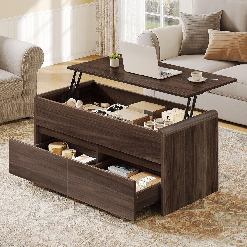 Coffee Table Lift Top with 2 Drawers, 40 Inch Multi-Function Coffee Table with Hidden Compartment, Curved Profile Design, Converts to Home Office Table for Living Room, Walnut
