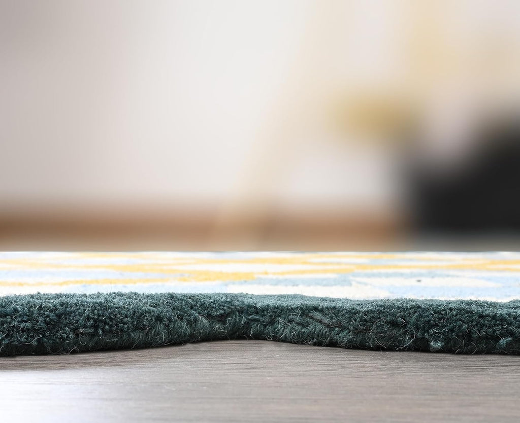 Hand-Tufted Wool Rug with Scalloped Edges | Checkered Light Blue Plaid Pattern Yellow Motif | Cozy Soft Area Rugs Carpet for Living Room, Bedroom, Nursery (Light Blue, Mustard Yellow, 5' x 8')