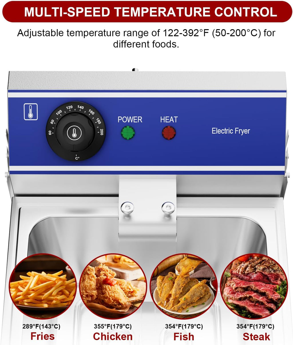 DULONG Commercial Electric Deep Fryer,10.57/10L Countertop Stainless Steel Deep Fryer with Basket,1500W Temperature Control Single Large Tank Fryer for Restaurant Home Kitchen