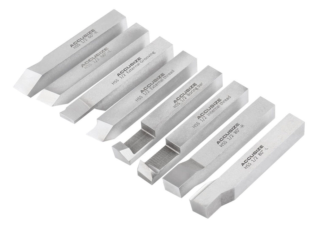 Accusize Industrial Tools 1/2'' 8 Pcs Hss Tool Bit Set, Pre-Ground for Turning and Facing Work, 2662-2004