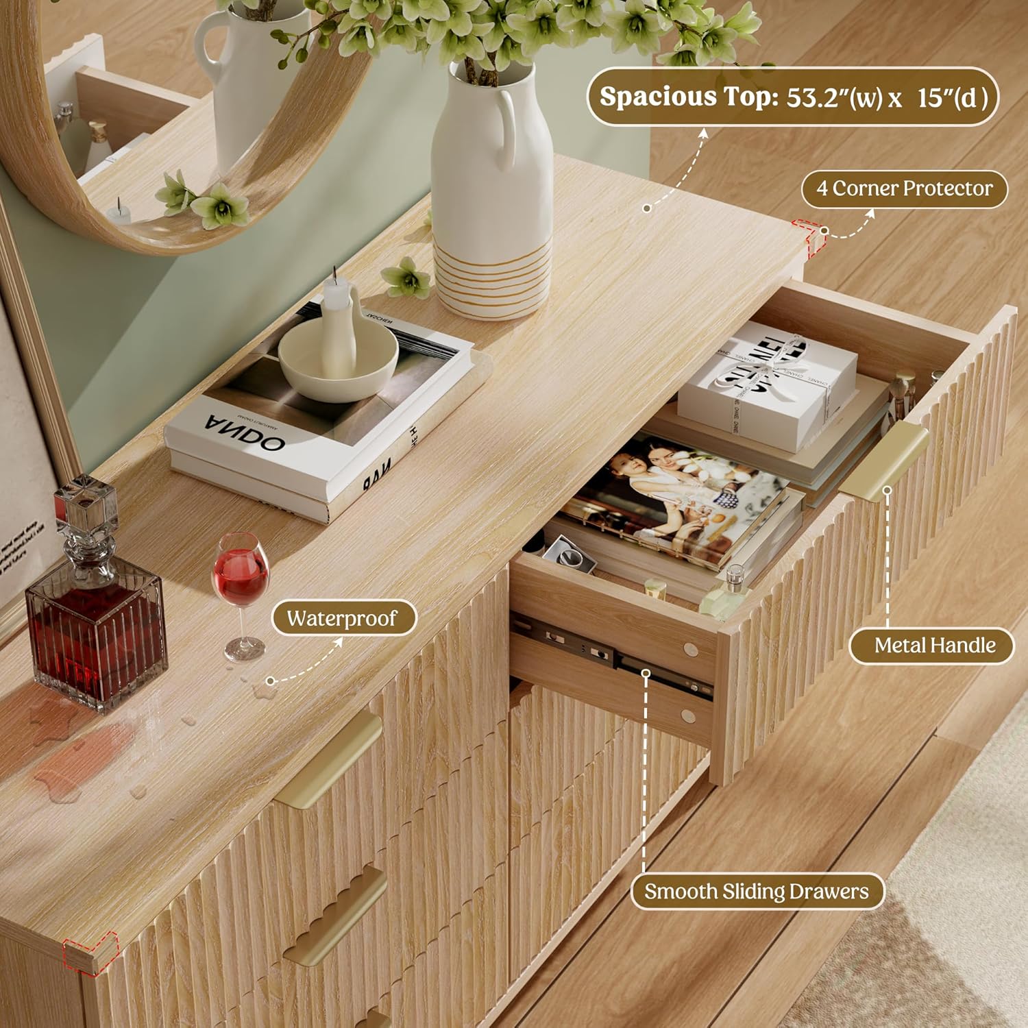 Lulive Dresser for Bedroom Wood Dressers Chest of Drawers, Fluted 53.2" Wide Modern Long Dresser TV Stand 6 Drawers for Bedroom, Closet, Living Room, Hallway (Natural)