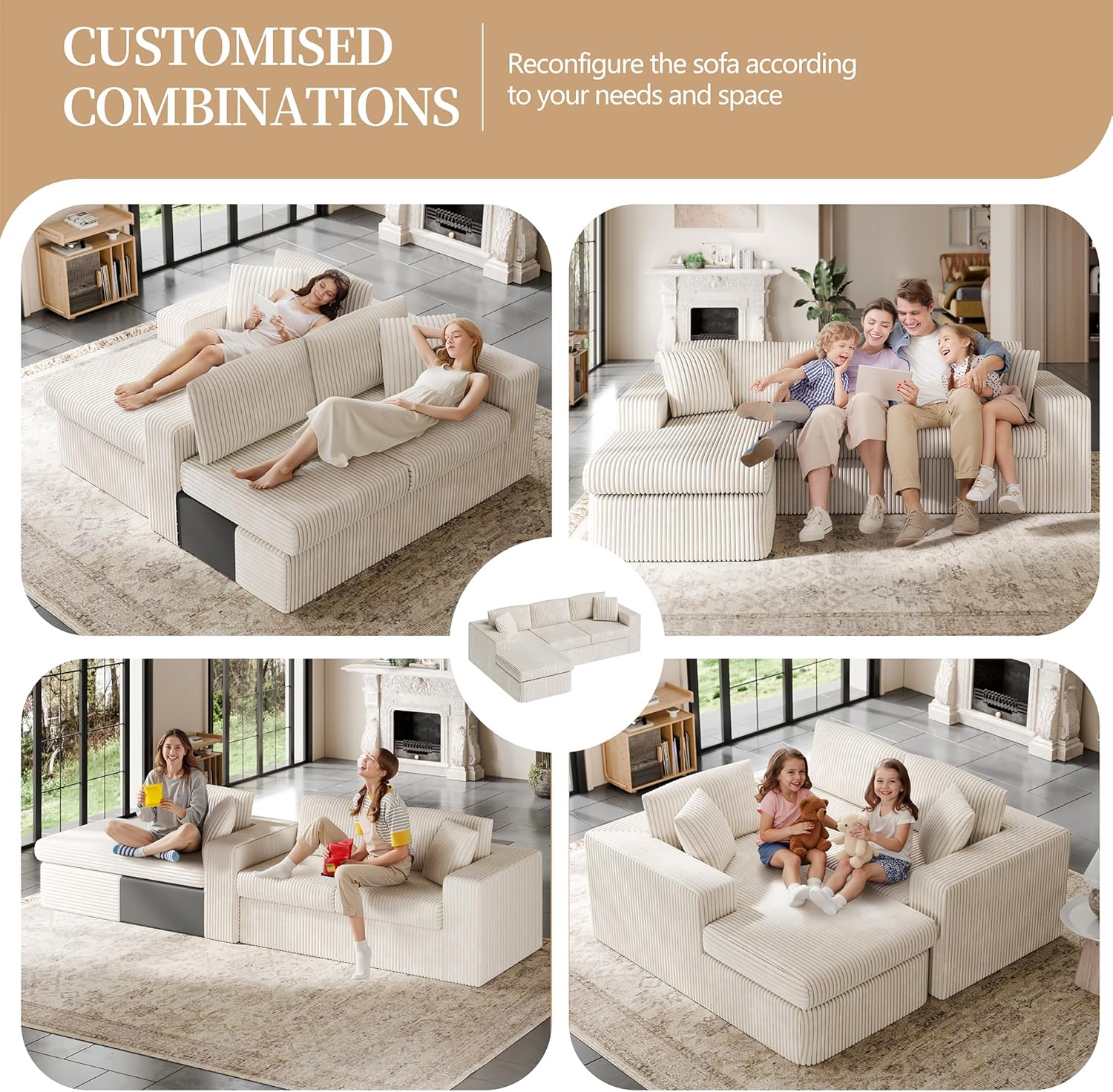 Vongrasig 105" Boneless Couches for Living Room, Sectional Couches Modular Sofa with L-Shaped Chaise, Memory Foam Comfy Cloud Couch with Plush Corduroy Fabric, No Assembly Required, Beige