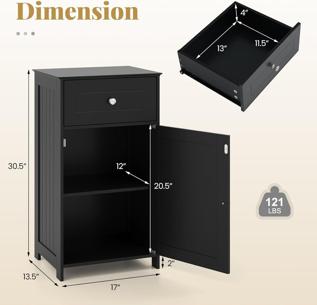 Giantex Floor Bathroom Storage Cabinet - Freestanding Cabinet with Drawer, Door, Adjustable Shelf, Anti-Tipping Device, Storage Organizer for Sofa Side, Bathroom, Living Room, Bedroom, White (Black)