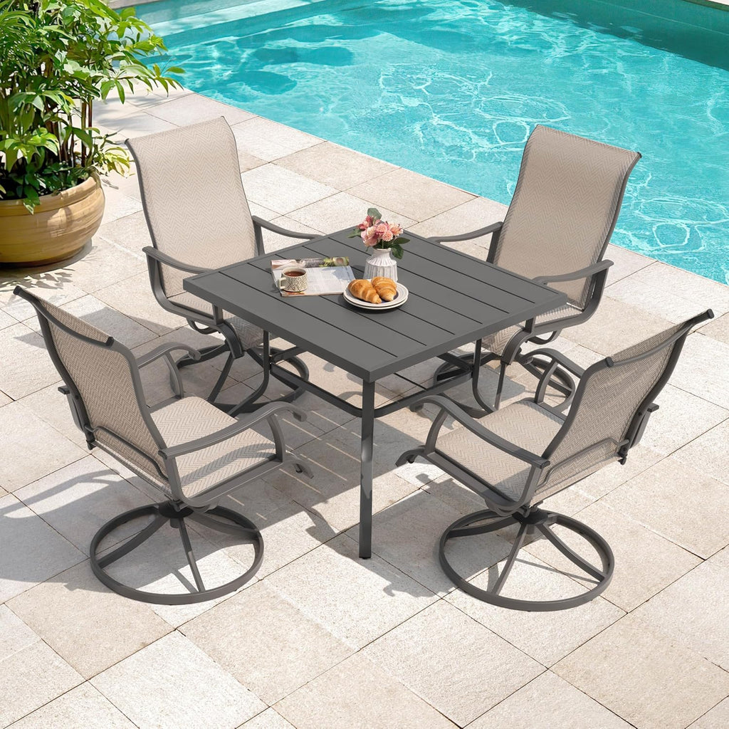 NUU GARDEN 37" Outdoor Patio Table, Square Steel Slat Dining Table for 4 with 1.57" Umbrella Hole, Powder-Coated Iron Frame and Slatted Top for Patio, Garden and Balcony, Gray