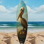 JennyGems Pelican Surfboard Wall Art Coastal Bird Decor, Ocean Themed Surfboard Sign, Indoor Outdoor PVC, Beach House Nautical Wall Hanging