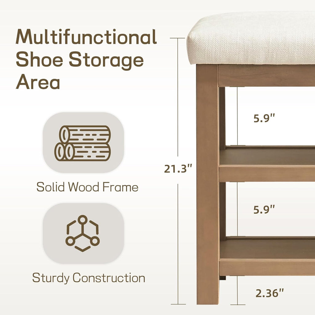2 Tier Shoe Rack Bench with Cushion, Solid Wood Shoe Benches, Mid-Century Modern Shoe Storage Bench for Entryway, Hallway, Living Room, Closet, Front Door Entrance, (Beige, 39.4")