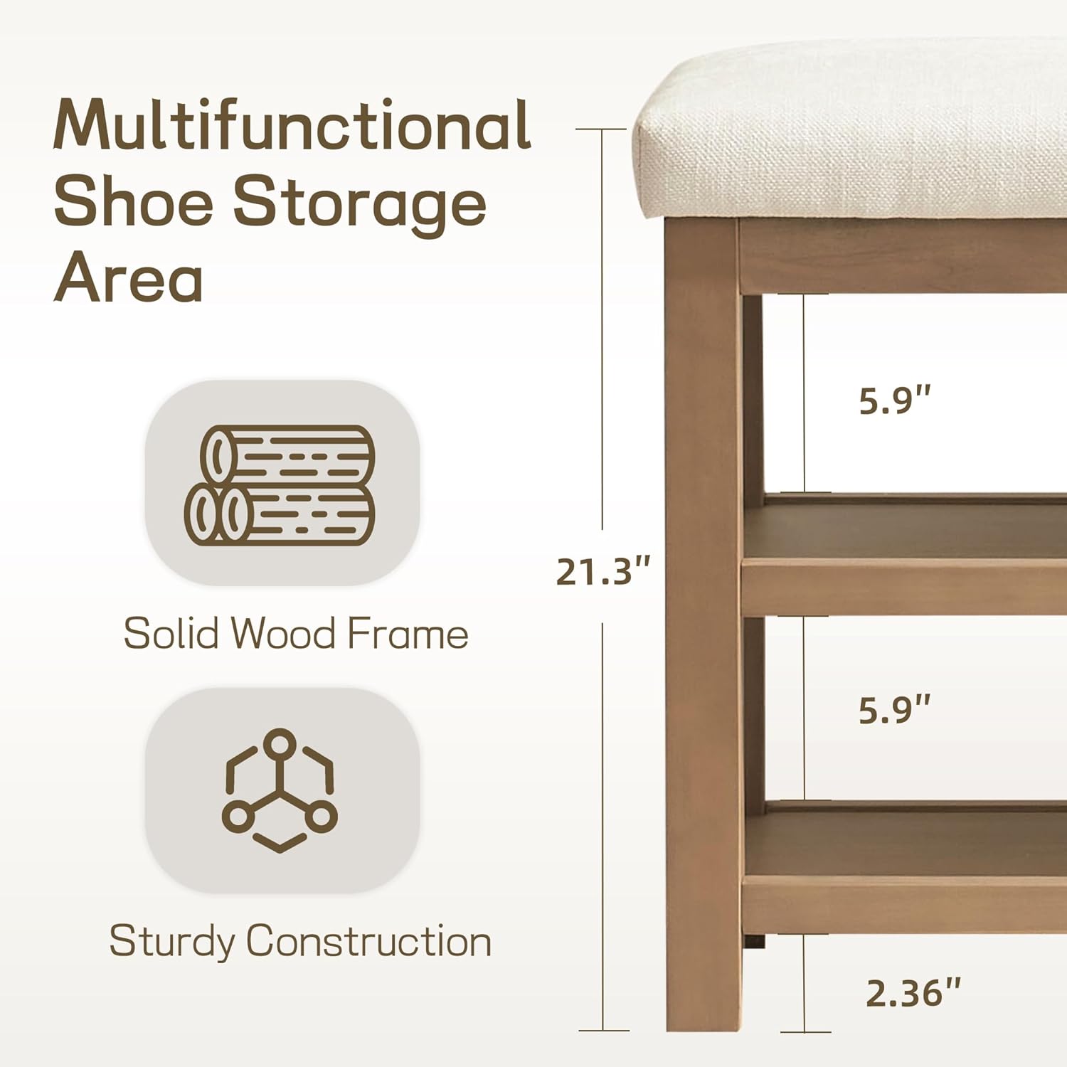 2 Tier Shoe Rack Bench with Cushion, Solid Wood Shoe Benches, Mid-Century Modern Shoe Storage Bench for Entryway, Hallway, Living Room, Closet, Front Door Entrance, (Beige, 39.4")