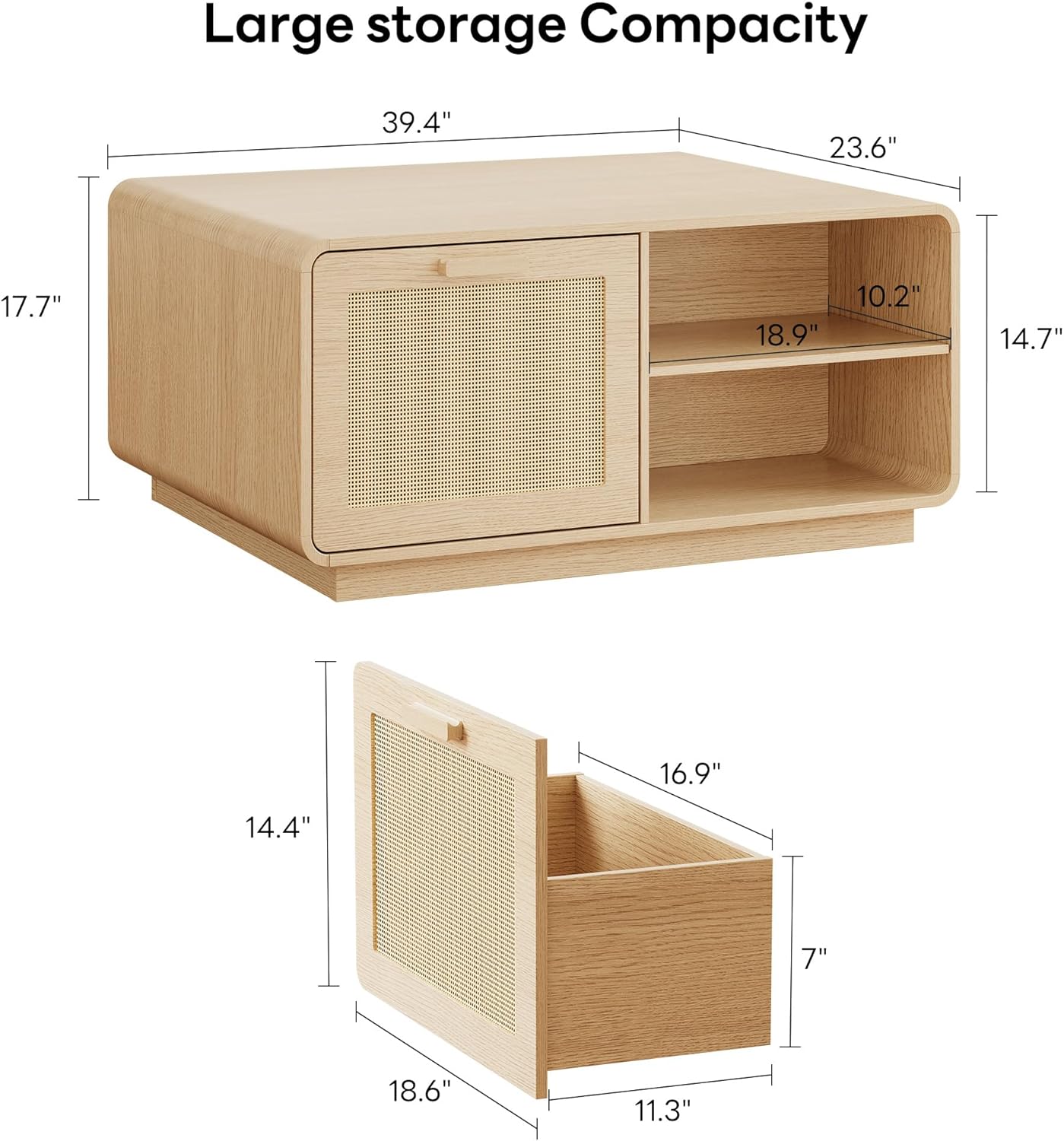 LIKIMIO 39.4" Rattan Coffee Table with Storage Drawers, Safety Curved Corners & 4-Tier Adjustable Shelves, Sturdy Base, Wood Center Table for Living Room, Natural