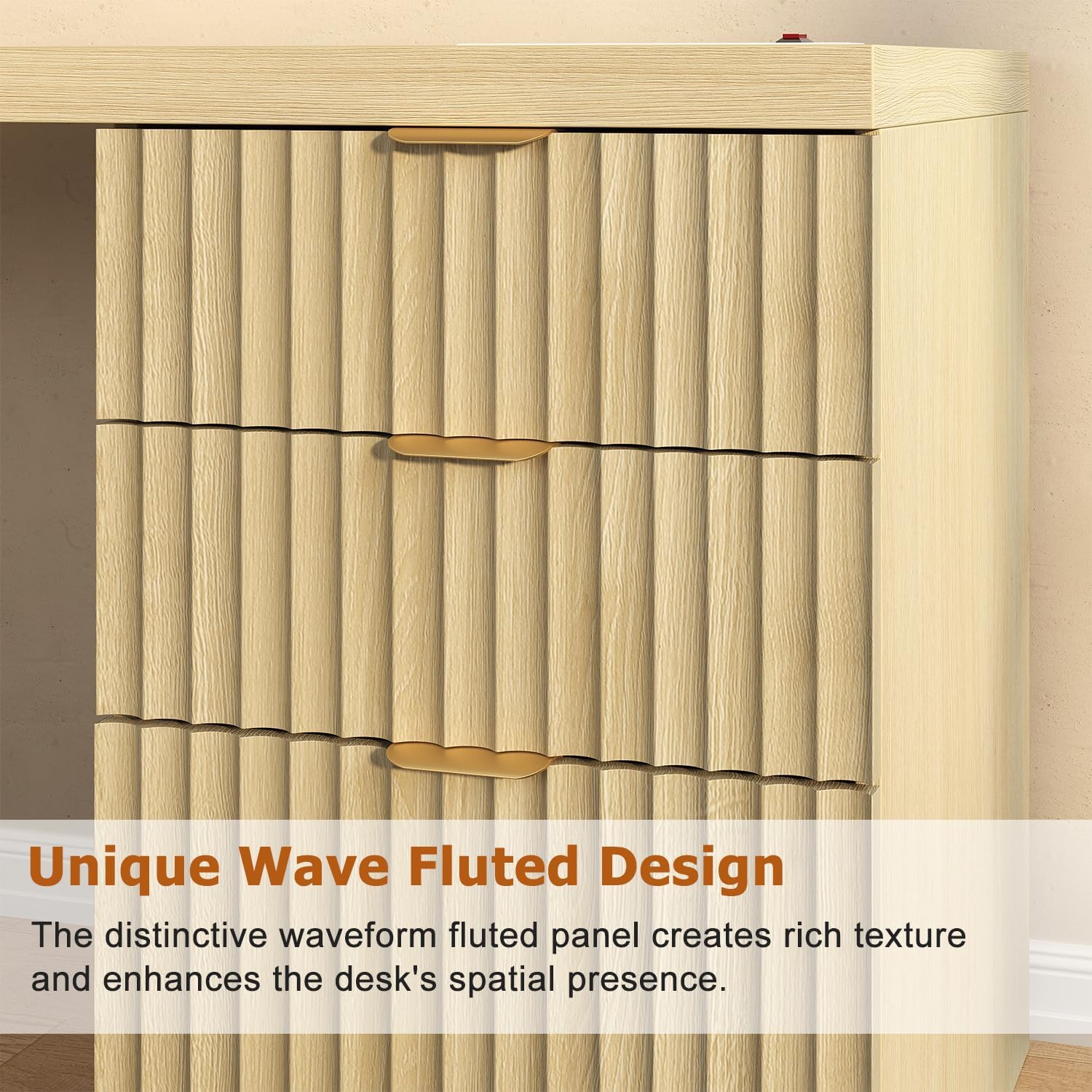 69" Modern L Shaped Executive Desk with Charging Station & File Drawer, Fluted Wood Home Office Corner Desk with Storage Drawers and Cabinet, Large Corner Computer Desk Writing Desk, Natural Oak