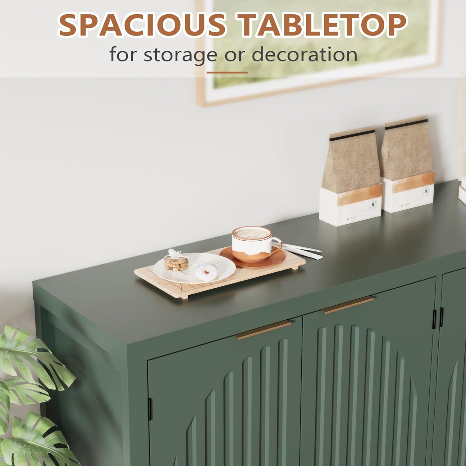 58" W Sideboard Buffet Cabinet with Storage, Mid Century Modern Credenza with Arch Doors & Shelves Coffee Bar Media Console Cabinets for Kitchen, Living Room, Entryway (Green)