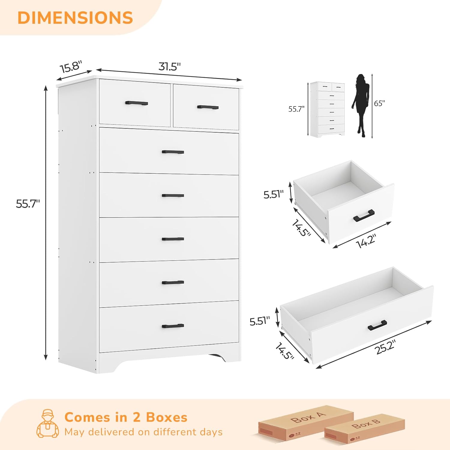 DICTAC White Dresser for Bedroom with 7 Drawers, 55.7" Tall Dressers Chest of Drawers, Modern Large Wood Storage Dresser Organizer with Metal Handle, Vertical Dressers for Bedroom Living Room Nursery