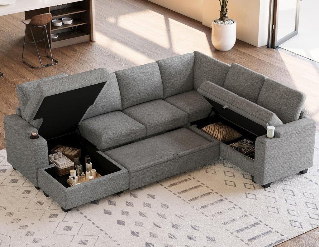 Belffin Sleeper Sofa Modular Sectional Pull Out Couch Bed U Shaped Sofa Couch for Living Room with Storage Chaise. Light Gery