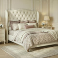 Queen Size Velvet Upholstered Platform Bed Frame, 56" Tall Wingback Headboard with Deep Diamond Tufting, Solid Metal Support (1000lbs), No Box Spring Needed, Cream