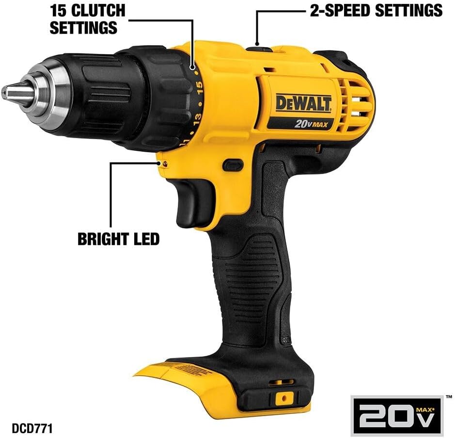 DEWALT 20V Max Cordless Drill Driver Set, 2 Speed, High Performance Motor, Includes 2 XR 1.3Ah Li-Ion Batteries, Charger and Contractor Bag (DCD771C2)