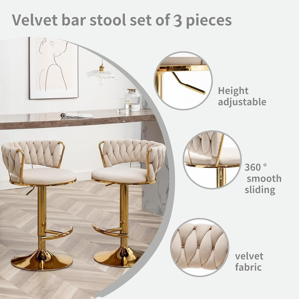 Gold Bar Stools Set of 3, Counter Height Bar Chairs with Low Back, Velvet Adjustable Height Barstools, 360° Swivel Bar Stools for Kitchen Island, Pub (Beige)