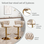 Gold Bar Stools Set of 3, Counter Height Bar Chairs with Low Back, Velvet Adjustable Height Barstools, 360° Swivel Bar Stools for Kitchen Island, Pub (Beige)