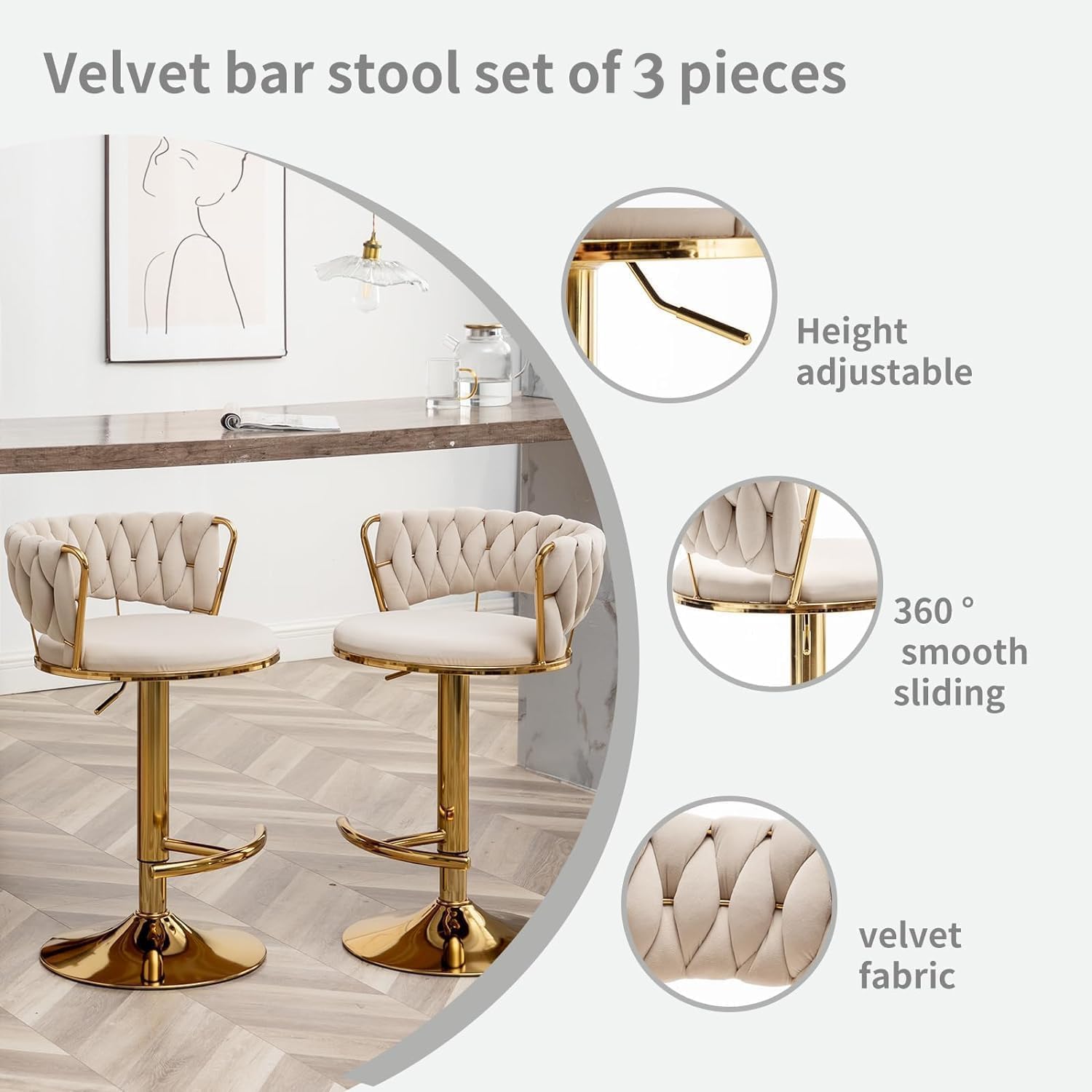 Gold Bar Stools Set of 3, Counter Height Bar Chairs with Low Back, Velvet Adjustable Height Barstools, 360° Swivel Bar Stools for Kitchen Island, Pub (Beige)