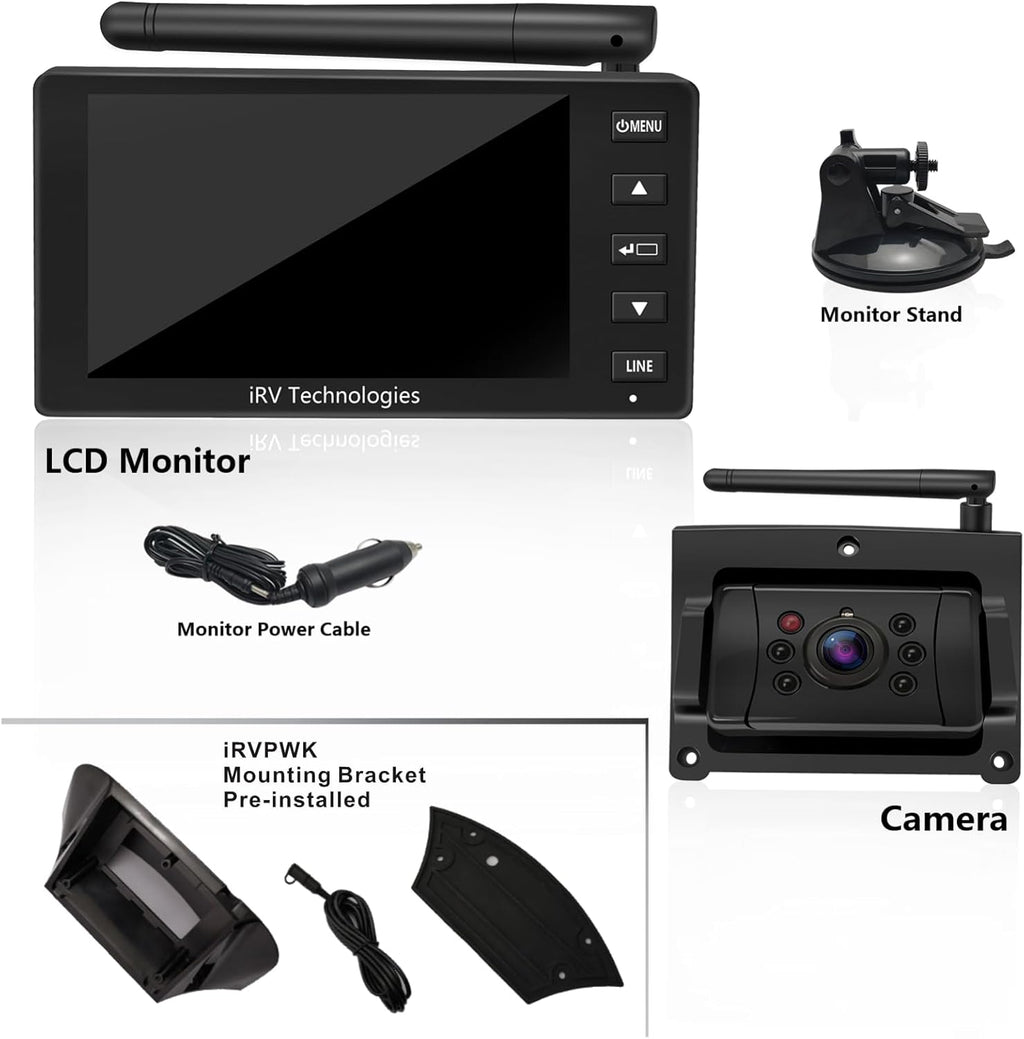 Backup Camera ProAuto iRVCM1 Wireless Rear Camera 5" Monitor and IP66 Waterproof Camera Auto Pairing Infrared Night Version 120°Angle Rear View Reverse Camera with Astern Indicator Line for Car  RV